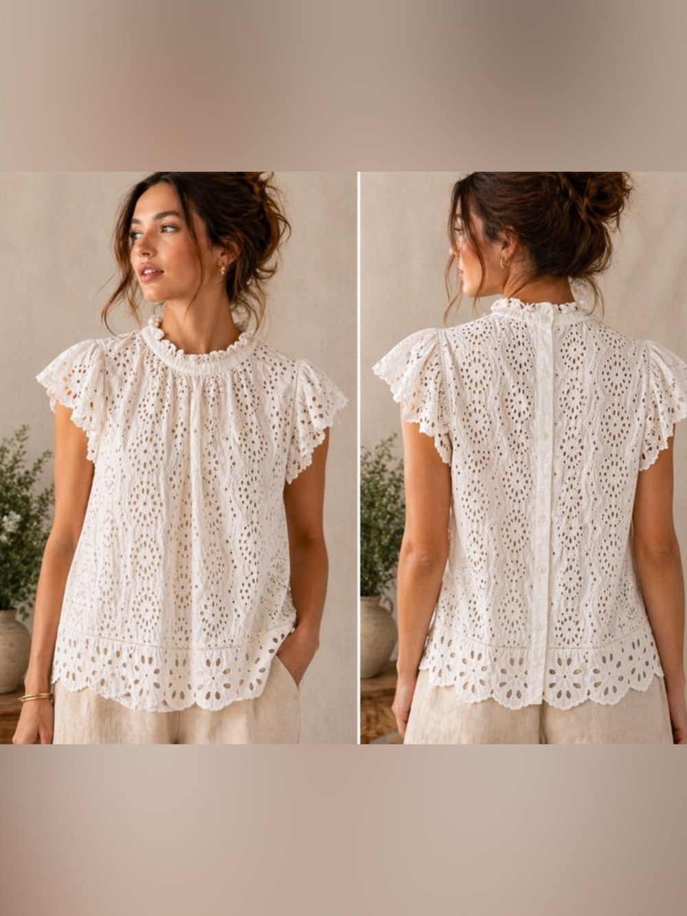 Jennifer Grace Eyelet Lace Blouse XL White Cotton Boho Ruffle Top